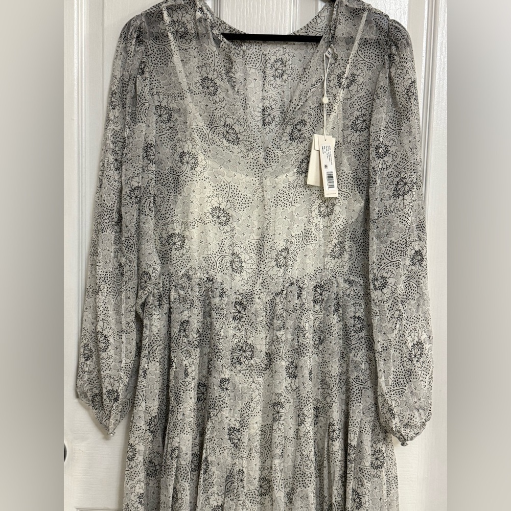 Rebecca Taylor Long Sleeve Pintuck Silk Dress Gray Floral Size 10 NWT $525 - Picture 4 of 12